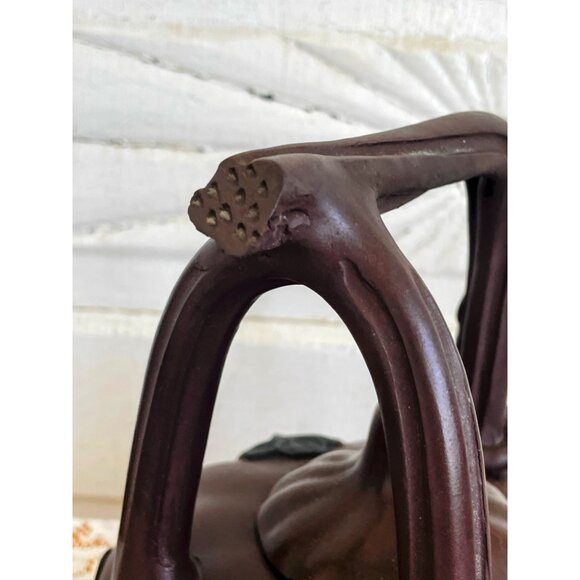 Vintage Clay Pumpkin Chinese Yixing Teapot Vines Big Stem Handle Signed - Picture 11 of 16